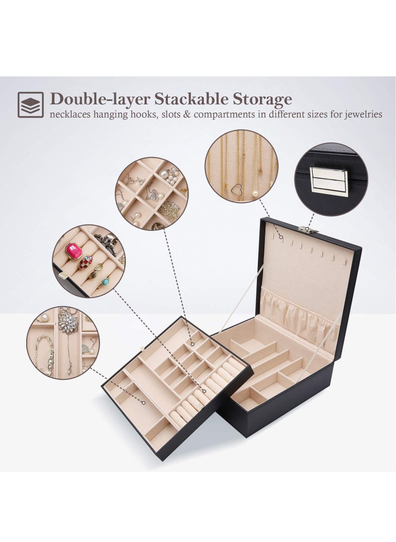 Procases - Jewelry Box for Women Girls Girlfriend Wife Ideal Gift Large Leather Jewelry Organizer Storage Case with Two Layers Display for Earrings Bracelets Rings Watches Black - Image 1