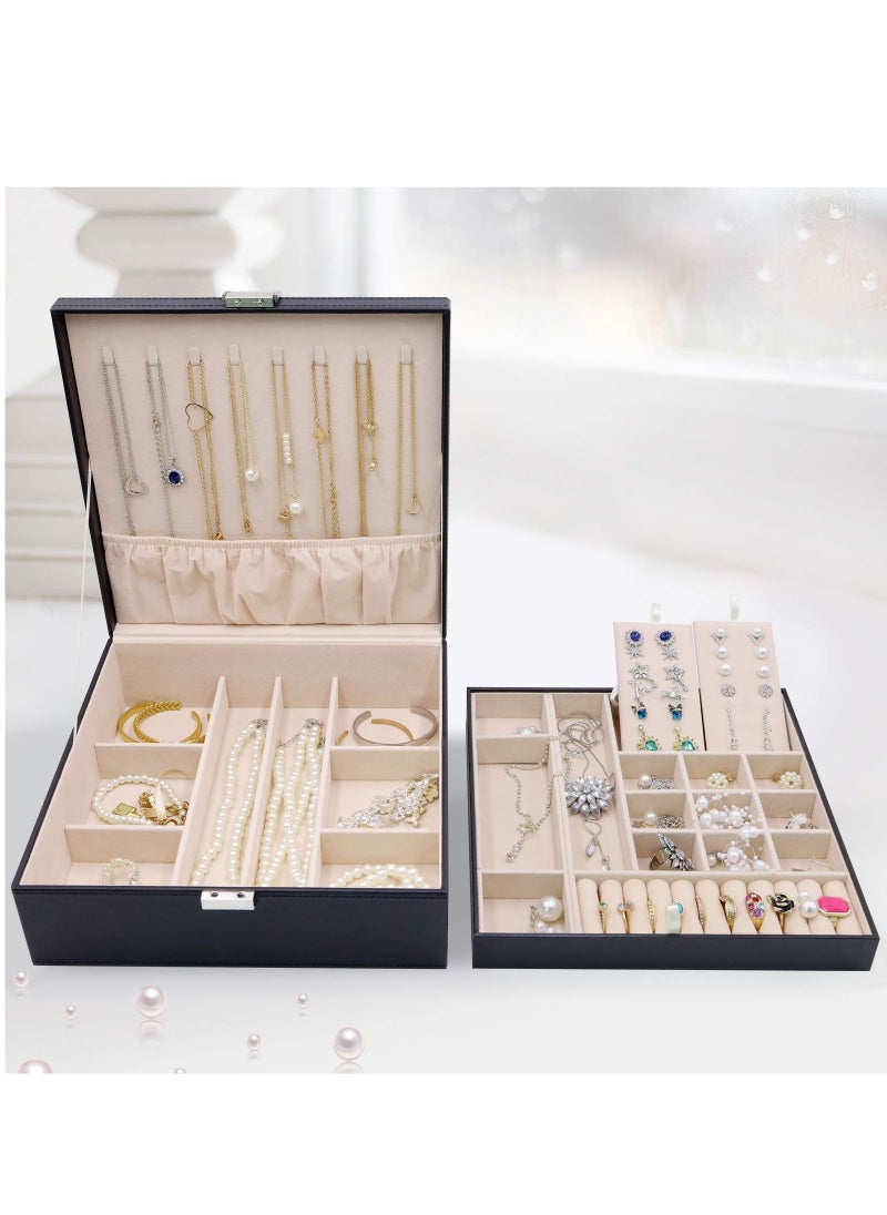 Procases - Jewelry Box for Women Girls Girlfriend Wife Ideal Gift Large Leather Jewelry Organizer Storage Case with Two Layers Display for Earrings Bracelets Rings Watches Black - Image 1