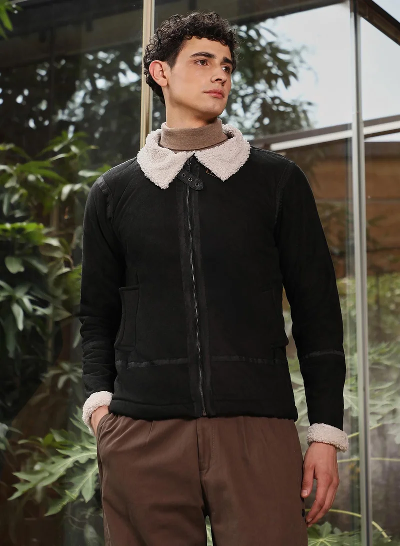كامبوس سوترا Campus Sutra Men's Midnight Black Contrast Sherpa-Lined Suede Rider Jacket | Point Collar , Sherpa-Lined Sleeves , Zipper Closure , Straight Hem | Solid Textured For Casual & Daily Wear