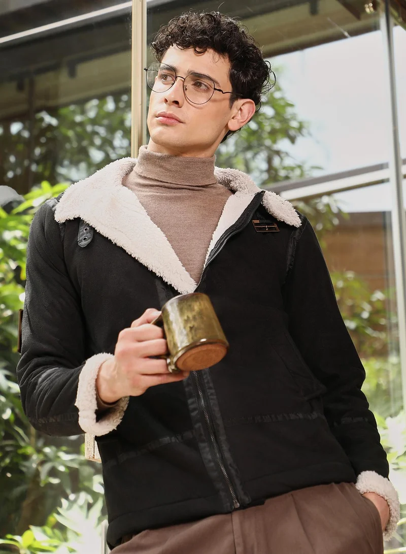كامبوس سوترا Campus Sutra Men's Midnight Black Contrast Sherpa-Lined Suede Rider Jacket | Point Collar , Sherpa-Lined Sleeves , Zipper Closure , Straight Hem | Solid Textured For Casual & Daily Wear