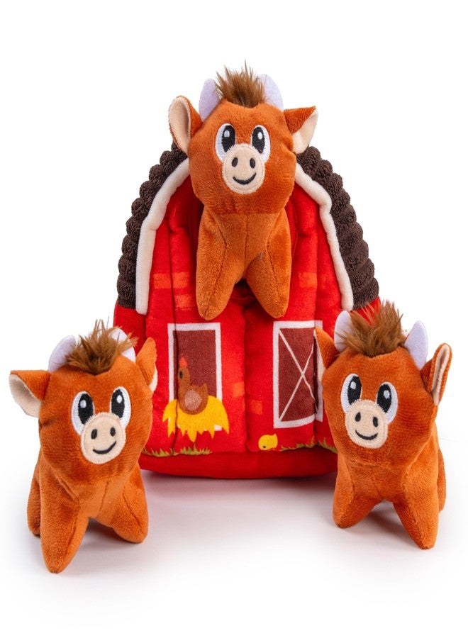Outward Hound Hide-A-Cow Dog Toy, 2-in-1 Interactive Hide & Seek Plush Puzzle with Barn & 3 Squeaky Highland Cows - Image 1