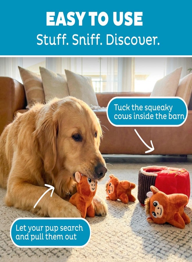 Outward Hound Hide-A-Cow Dog Toy, 2-in-1 Interactive Hide & Seek Plush Puzzle with Barn & 3 Squeaky Highland Cows - Image 4
