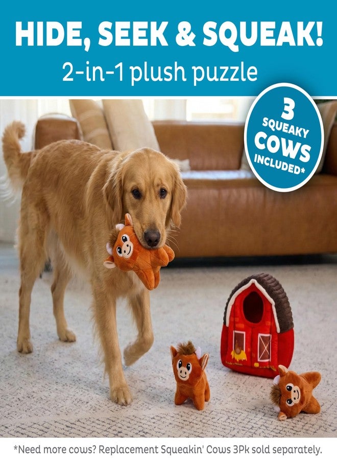Outward Hound Hide-A-Cow Dog Toy, 2-in-1 Interactive Hide & Seek Plush Puzzle with Barn & 3 Squeaky Highland Cows - Image 2