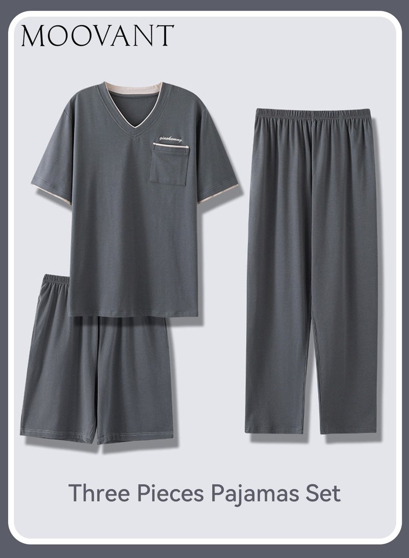 Moovant 3-Piece Pajamas Home Suit for Men, Men's Short Sleeve + Short Pajama Pants + Long Pajama Pants Set, Cotton Casual Wear Loungewear Sleepwear, Grey  - Image 1
