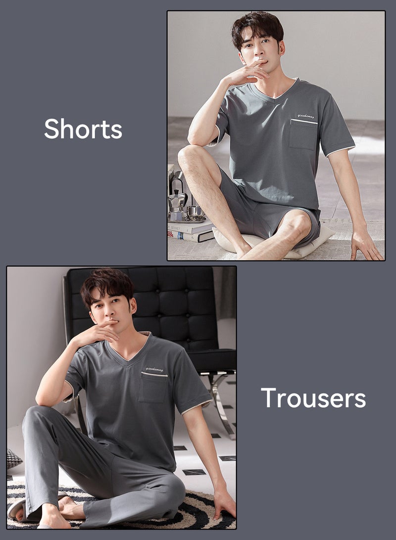Moovant 3-Piece Pajamas Home Suit for Men, Men's Short Sleeve + Short Pajama Pants + Long Pajama Pants Set, Cotton Casual Wear Loungewear Sleepwear, Grey  - Image 2