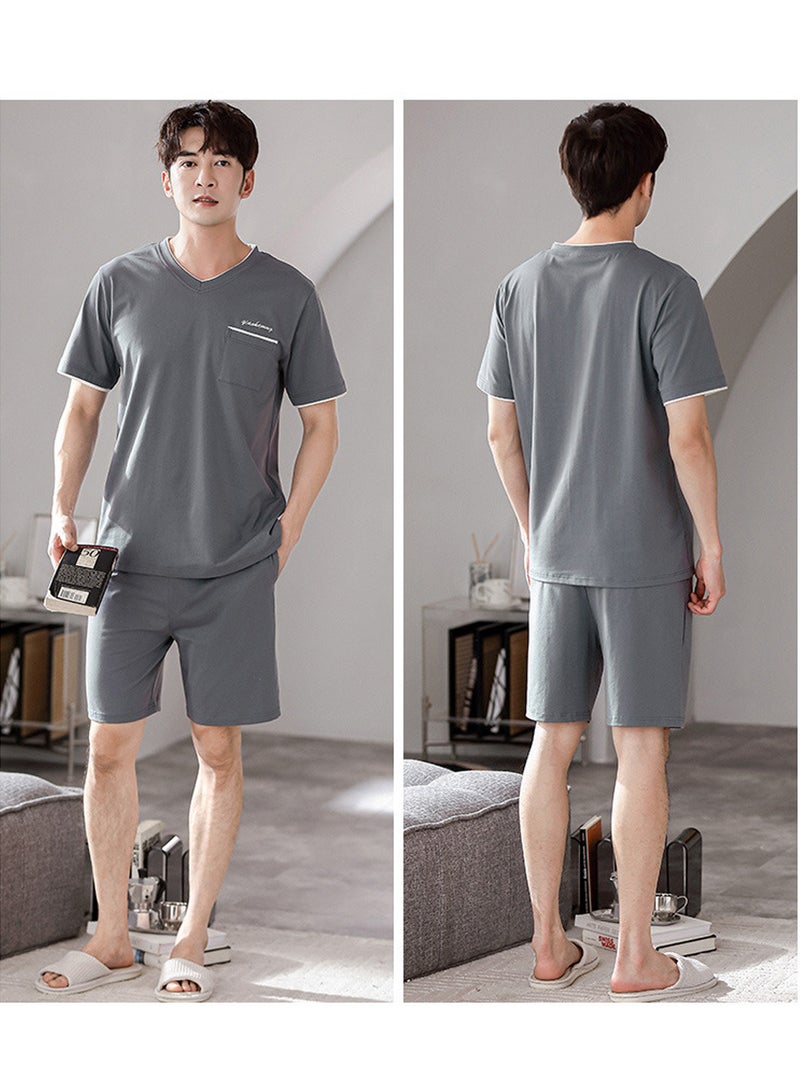 Moovant 3-Piece Pajamas Home Suit for Men, Men's Short Sleeve + Short Pajama Pants + Long Pajama Pants Set, Cotton Casual Wear Loungewear Sleepwear, Grey  - Image 3