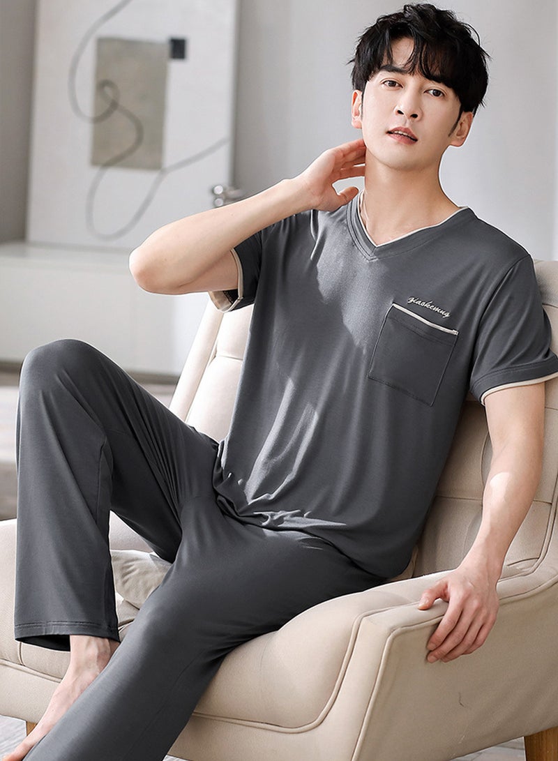 Moovant 3-Piece Pajamas Home Suit for Men, Men's Short Sleeve + Short Pajama Pants + Long Pajama Pants Set, Cotton Casual Wear Loungewear Sleepwear, Grey  - Image 4