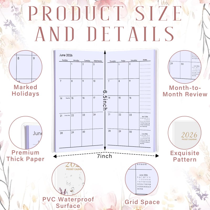 ReliThick 2026 Pocket Calendar for Purse Small Monthly Planner for Women Handy Weekly Pocket Planner Journal Writing Notebook Christmas New Year Gift Sister Friends Women(Wildflower) - Image 2