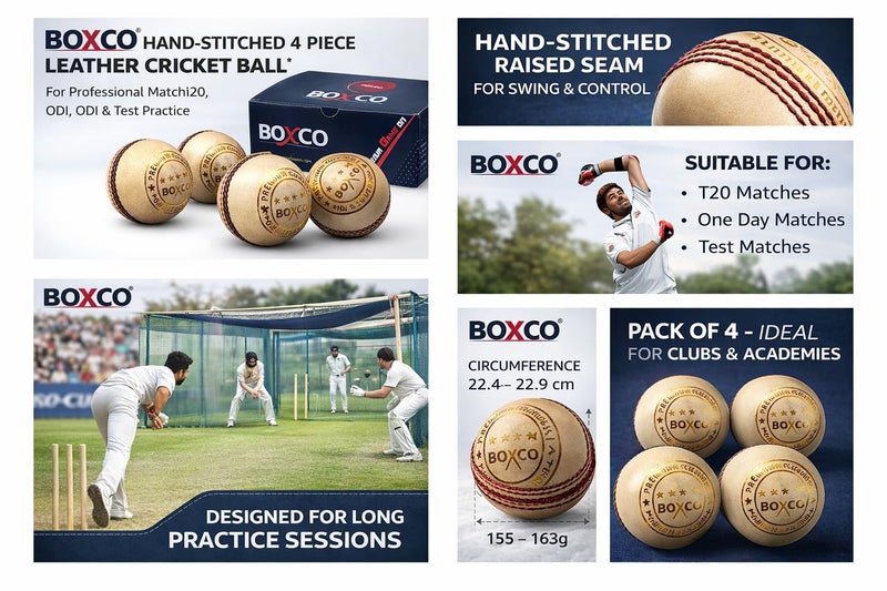 BOXCO Hand-Stitched 4 Piece Leather Cricket Ball for Professional Matches, T20, ODI & Test Practice – Premium Alum Tanned Leather, Senior Size – Pack of 4 (Natural) - Image 2