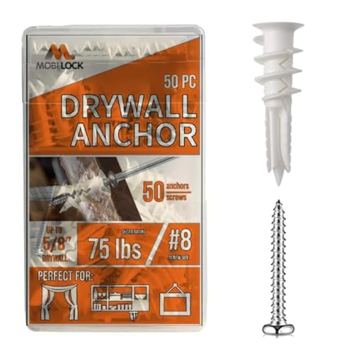 Mobi Lock 50pcs Self Drilling Drywall Anchors #8 and 50 Phillips Pan Head Self Tapping Screws for Gypsum Boards, Drywalls or Plasterboards - Holds up to 75Lbs or 34Kg - by Mobi Lock - Image 2