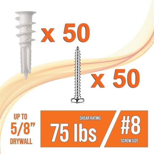 Mobi Lock 50pcs Self Drilling Drywall Anchors #8 and 50 Phillips Pan Head Self Tapping Screws for Gypsum Boards, Drywalls or Plasterboards - Holds up to 75Lbs or 34Kg - by Mobi Lock - Image 4