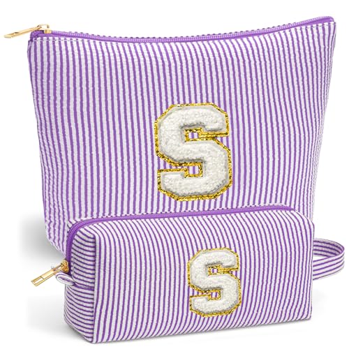 Fohufo Travel Cute Makeup Bag Set Make up Cosmetic Bag for Women Small Makeup Bag for Purse Makeup Kit Purple Stuff Birthday Gifts for Women Travel Essentials Purple Letter S - Image 1