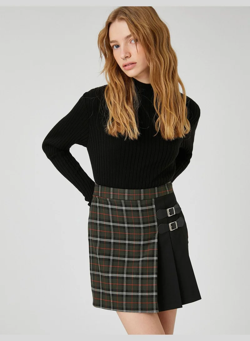 KOTON Check Pleated Buckle Detail Mini Skirt