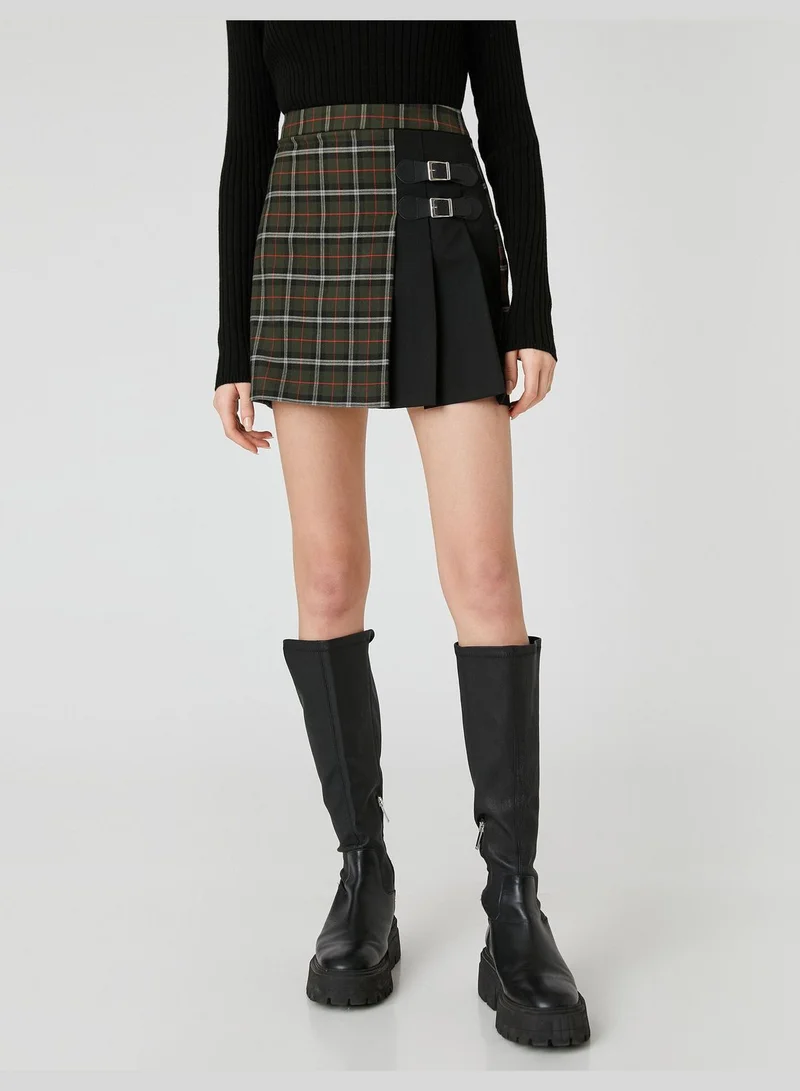 KOTON Check Pleated Buckle Detail Mini Skirt