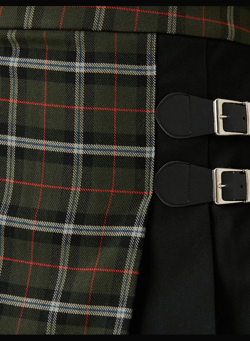 KOTON Check Pleated Buckle Detail Mini Skirt