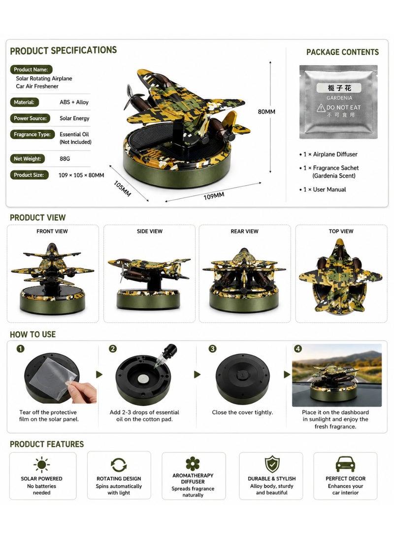 Solar Rotating Fighter Jet Car Air Freshener Aromatherapy Diffuser Dashboard Air Freshener Interior Car Decoration Green Camouflage - Image 2