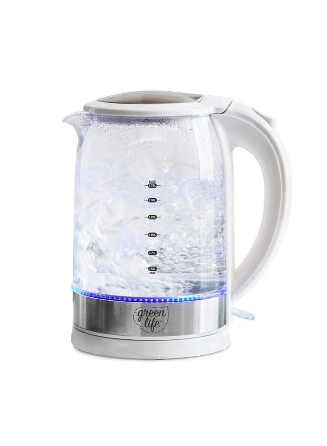 GreenLife 1.7 Liter Glass Electric Kettle, Easy One Touch Use, Quick Heating, Filtered Spout, LED Base, Auto Shut-Off, Cordless Serving, Coffee and Tea, White - Image 1