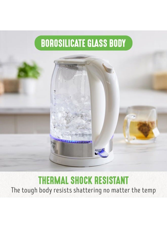 GreenLife 1.7 Liter Glass Electric Kettle, Easy One Touch Use, Quick Heating, Filtered Spout, LED Base, Auto Shut-Off, Cordless Serving, Coffee and Tea, White - Image 2