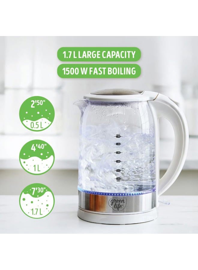 GreenLife 1.7 Liter Glass Electric Kettle, Easy One Touch Use, Quick Heating, Filtered Spout, LED Base, Auto Shut-Off, Cordless Serving, Coffee and Tea, White - Image 3