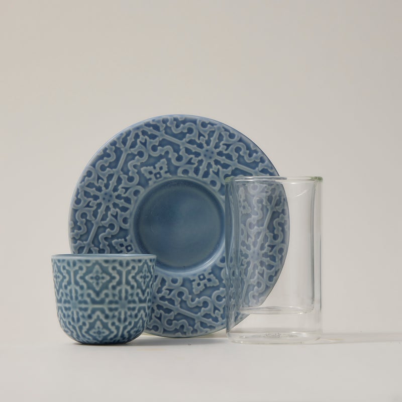 Dallaty blue porcelain and glass tea and Saudi coffee cups set 18 pcs - Image 2