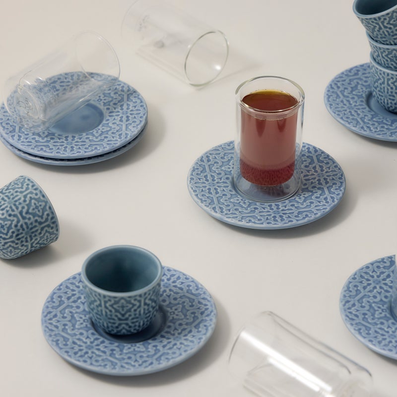 Dallaty blue porcelain and glass tea and Saudi coffee cups set 18 pcs - Image 5