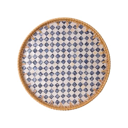 Kmelep Round Rattan Tray with Mother of Pearl Inlay Rattan Serving Tray with Wooden Base Decorative Wicker Basket for Table Decor Storage and Display of Coffee Bread Food Fruit Checkerboard 118 - Image 1