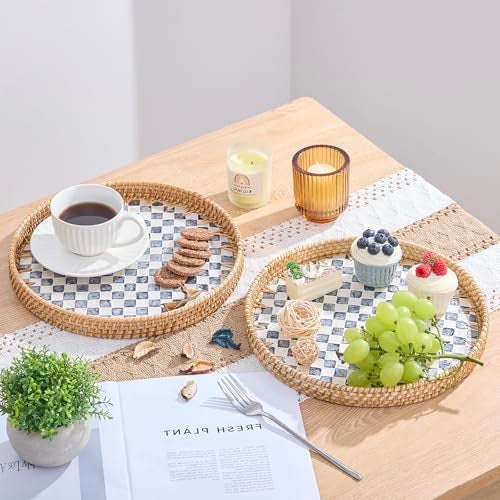 Kmelep Round Rattan Tray with Mother of Pearl Inlay Rattan Serving Tray with Wooden Base Decorative Wicker Basket for Table Decor Storage and Display of Coffee Bread Food Fruit Checkerboard 118 - Image 3
