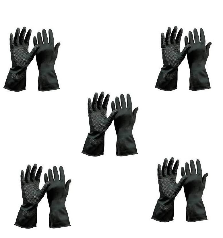 Ekon Combo of 5 Latex Non Slip Multipurpose Heavy Duty Reusable Safety Rubber Hand Gloves For Chemical Resistance Protective Lab Gardening Industrial Building Construction Agriculture Work Men Black - Image 1