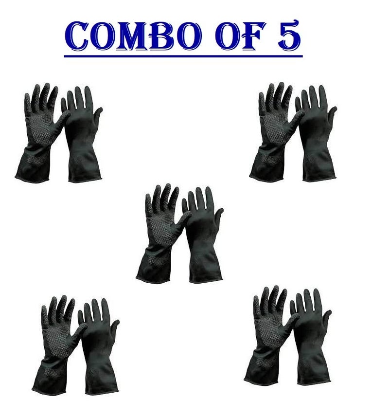 Ekon Combo of 5 Latex Non Slip Multipurpose Heavy Duty Reusable Safety Rubber Hand Gloves For Chemical Resistance Protective Lab Gardening Industrial Building Construction Agriculture Work Men Black - Image 2