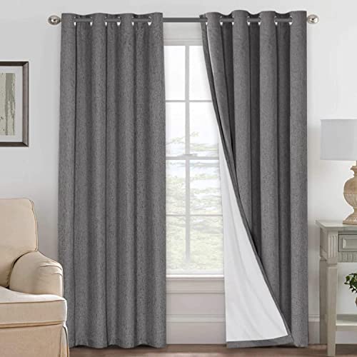 H.VERSAILTEX Linen Blackout Curtains 84 Inches Long 100% Absolutely Blackout Thermal Insulated Textured Linen Look Curtain Draperies Anti-Rust Grommet, Energy Saving with White Liner, 2 Panels, Grey - Image 1