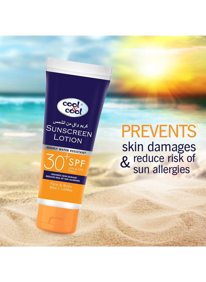 Cool & Cool - Cool & Cool Sunscreen Lotion SPF 30+ - Highly Water Resistant, UVA & UVB Filters, Prevents Skin Damage & Reduces Risk of Sun Allergies, Face & Body 50 ML - Image 1