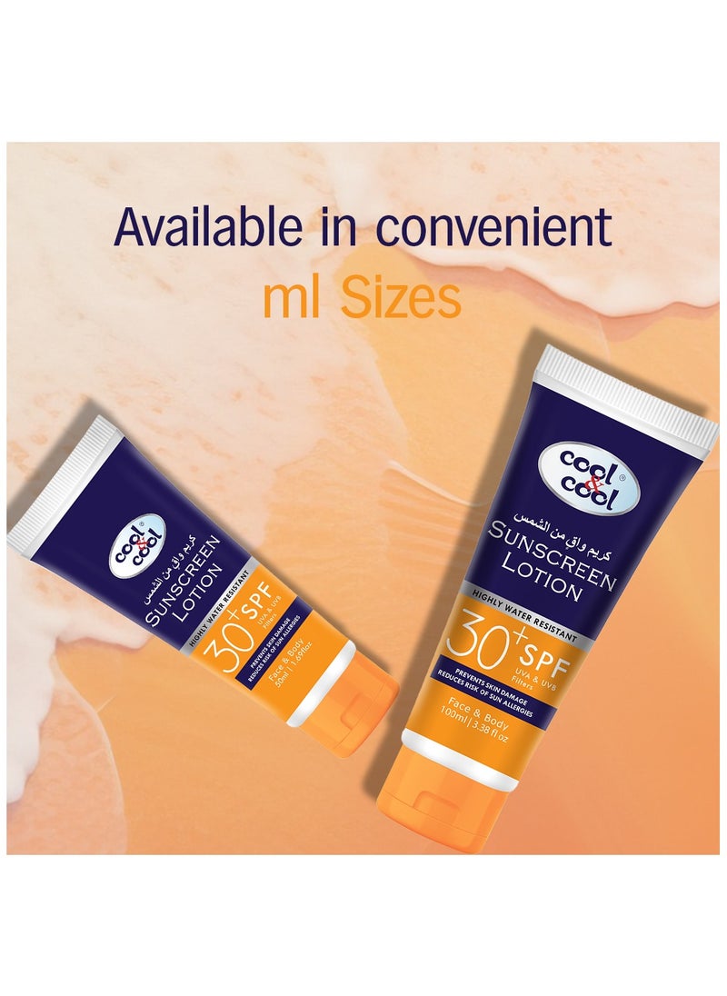 Cool & Cool - Cool & Cool Sunscreen Lotion SPF 30+ - Highly Water Resistant, UVA & UVB Filters, Prevents Skin Damage & Reduces Risk of Sun Allergies, Face & Body 50 ML - Image 1