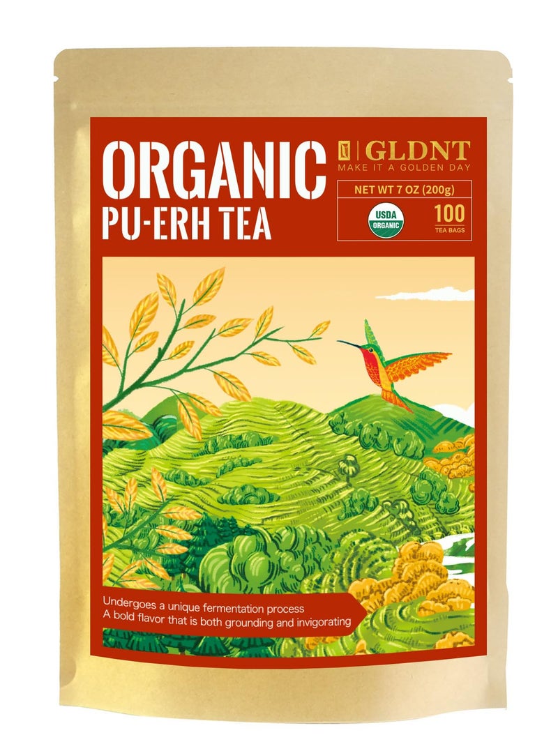 GLDNT Organic Pu-erh Tea Bags, Fermented Yunnan Dark Tea, Bold & Mellow Flavor, Caffeinated, 100 Count - Image 1