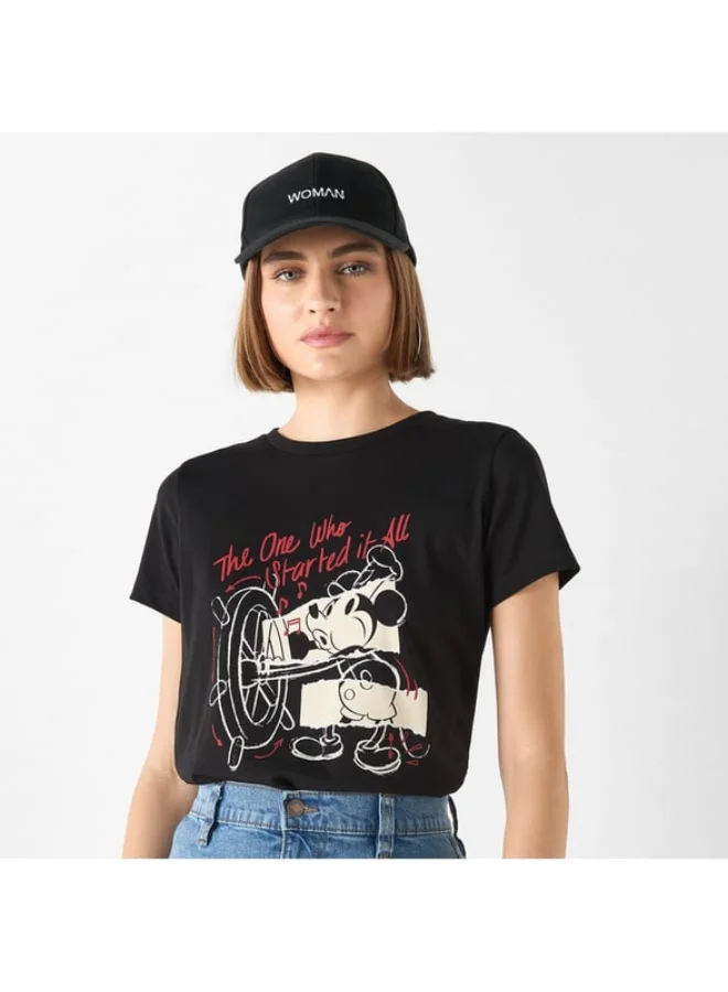 SP Characters Mickey Mouse Print Crew Neck T-shirt with Short Sleeves
