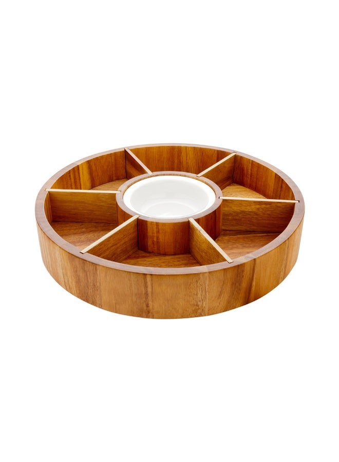 Restaurantware وعاء رقائق وغمس، صحن تقديم صلصة، وعاء غمس خشبي - 12" - خشب الأكاسيا ووعاء غمس بورسلين - وجبات خفيفة، رقائق، حمص - 1 علبة - Image 1