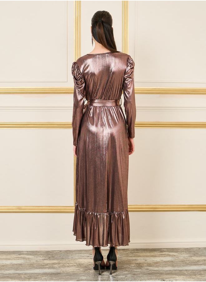 Styli - Metallic Ruffle Hem Self Tie Wrap Maxi Dress - Image 1
