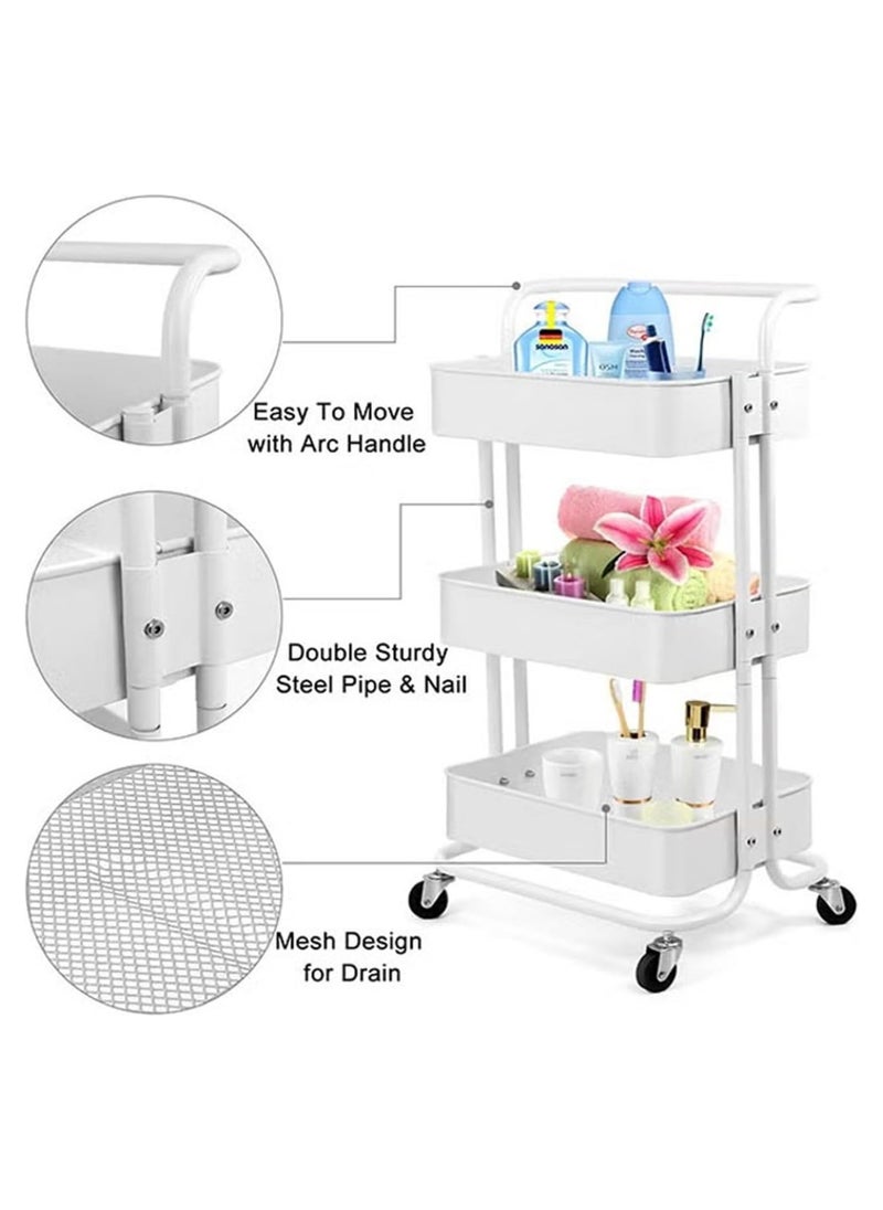 DubaiGallery 3-Tier Rolling Utility Carts Trolley Storage Cart with Handle Multifunctional Organization Cart with Brake Caster Wheels Kitchen Shelf Multifunctional Storage Rack with Net Basket Mass  - Image 4