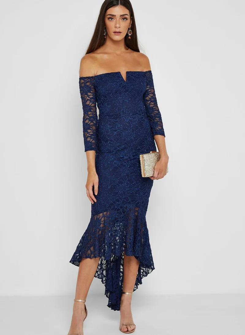 QUIZ Lace V Bar Dip Hem Maxi Dress