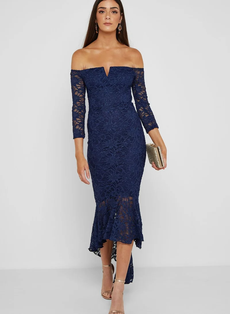 QUIZ Lace V Bar Dip Hem Maxi Dress