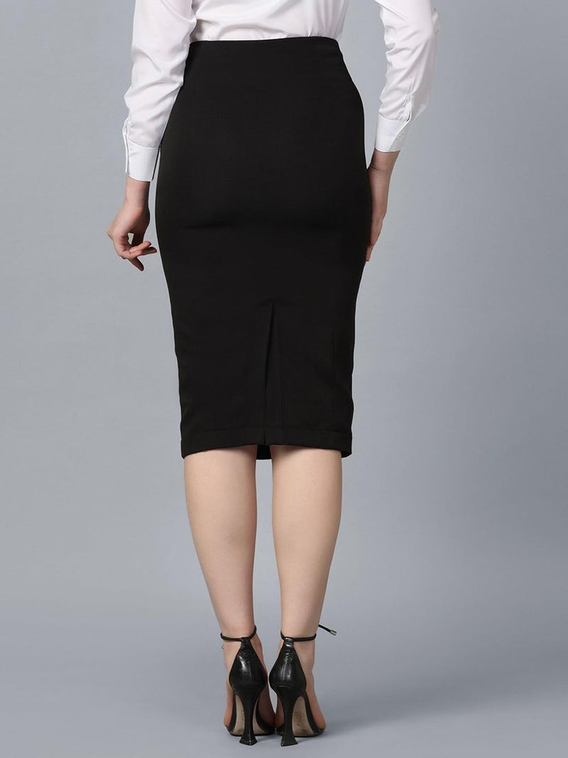 Powersutra Women's Black Stretch Pencil Skirt | Knee-Length | Formal Office Skirt with Elastic Waistband & Side Zip | Bodycon Fit for Work, Business | Casual Wear | S - Image 2