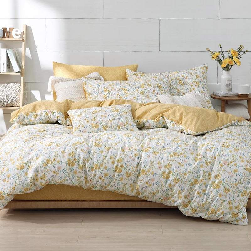 ALEISSEL Natural Cotton 3pcs Floral Comforter Sets Queen Size-Yellow Comforter with Pink & Yellow Flowers and Blue & Green Leaves on White, Reversible Lightweight Bedding Sets(Queen 90"Ã—90") - Image 1