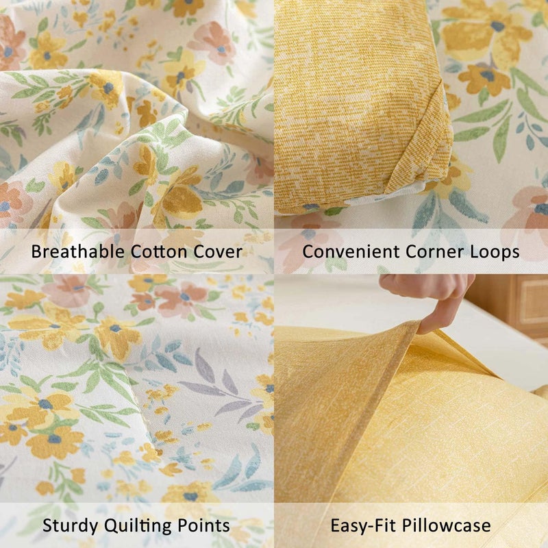 ALEISSEL Natural Cotton 3pcs Floral Comforter Sets Queen Size-Yellow Comforter with Pink & Yellow Flowers and Blue & Green Leaves on White, Reversible Lightweight Bedding Sets(Queen 90"Ã—90") - Image 5