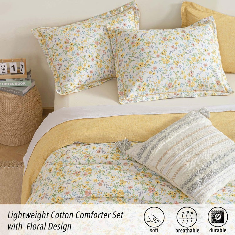 ALEISSEL Natural Cotton 3pcs Floral Comforter Sets Queen Size-Yellow Comforter with Pink & Yellow Flowers and Blue & Green Leaves on White, Reversible Lightweight Bedding Sets(Queen 90"Ã—90") - Image 3