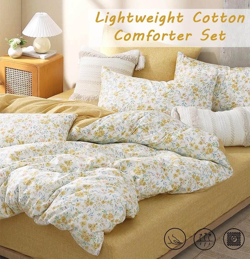 ALEISSEL Natural Cotton 3pcs Floral Comforter Sets Queen Size-Yellow Comforter with Pink & Yellow Flowers and Blue & Green Leaves on White, Reversible Lightweight Bedding Sets(Queen 90"Ã—90") - Image 2