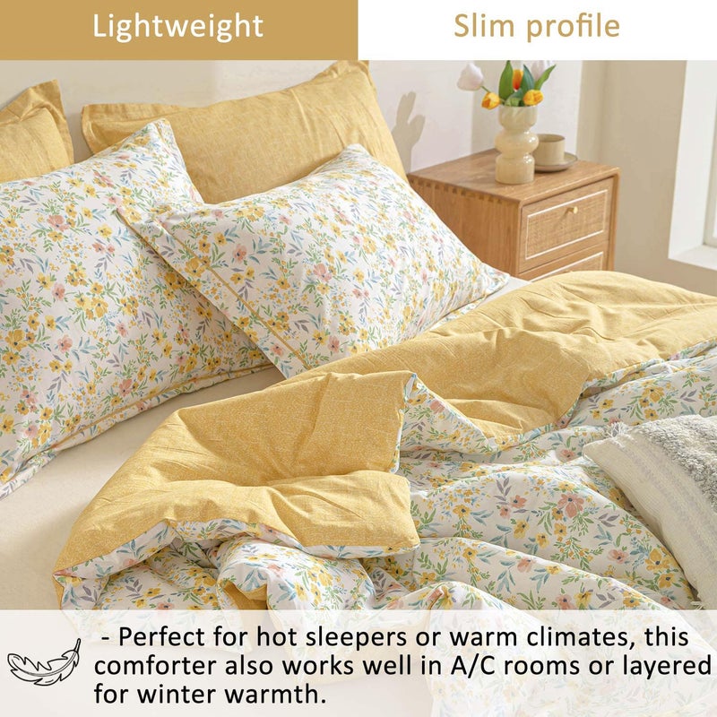 ALEISSEL Natural Cotton 3pcs Floral Comforter Sets Queen Size-Yellow Comforter with Pink & Yellow Flowers and Blue & Green Leaves on White, Reversible Lightweight Bedding Sets(Queen 90"Ã—90") - Image 4