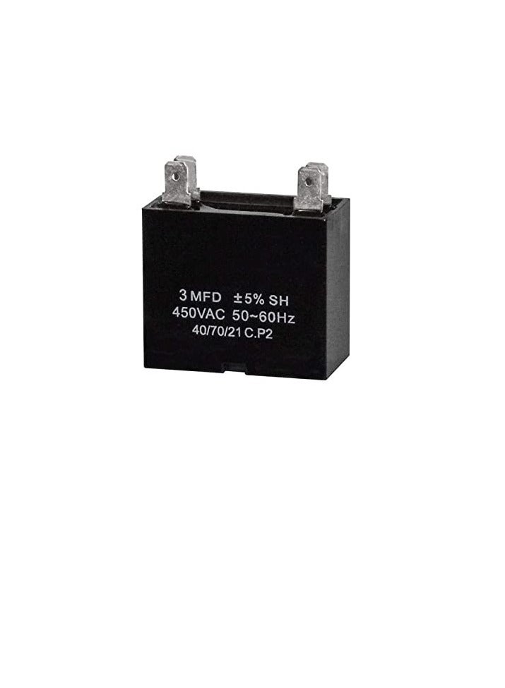 High Quality 2 Pin Rectangle Shaped Fan Capacitor 450 VAC Black 2 PIN 3MFD 3µF  - Image 1