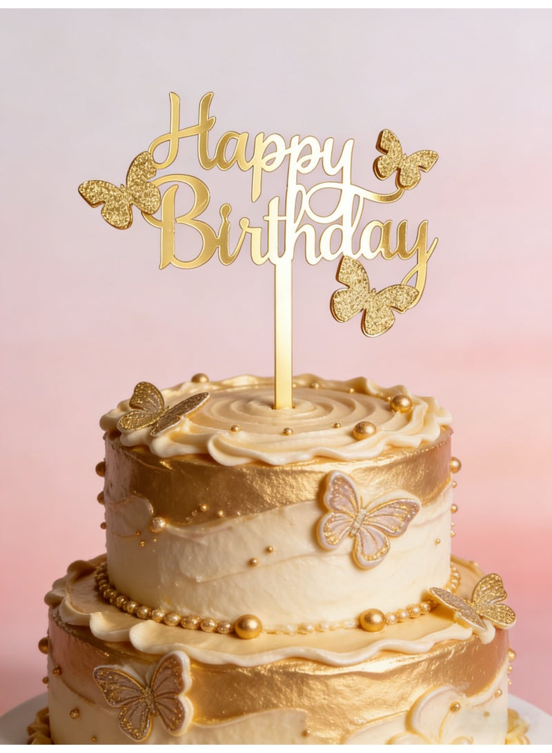 Happy Birthday Cake Cupcake Toppers Gold Acrylic Butterfly Cake Dessert Cupcake Decor Holiday and Party Supplies for Theme Birthday Party - Image 1