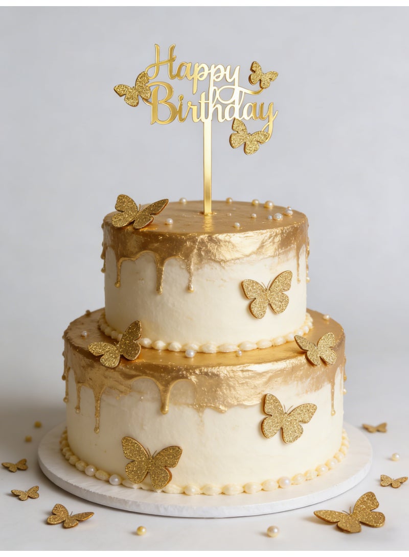 Happy Birthday Cake Cupcake Toppers Gold Acrylic Butterfly Cake Dessert Cupcake Decor Holiday and Party Supplies for Theme Birthday Party - Image 3