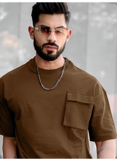 Maniac Maniac Men Solid Polo Neck 3/4th Sleeve Brown Cotton T-Shirt  - Image 1