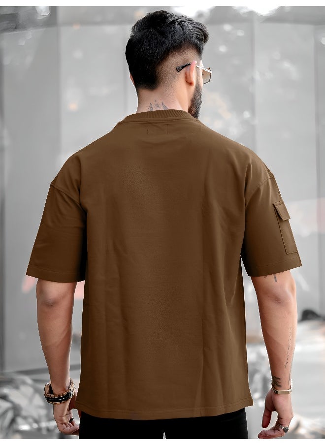 Maniac Maniac Men Solid Polo Neck 3/4th Sleeve Brown Cotton T-Shirt  - Image 4